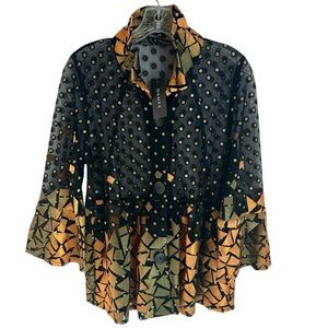 New Unique Damee Sparkly Sheer Black Blouse with Gold Polka Dots Oversize Size S